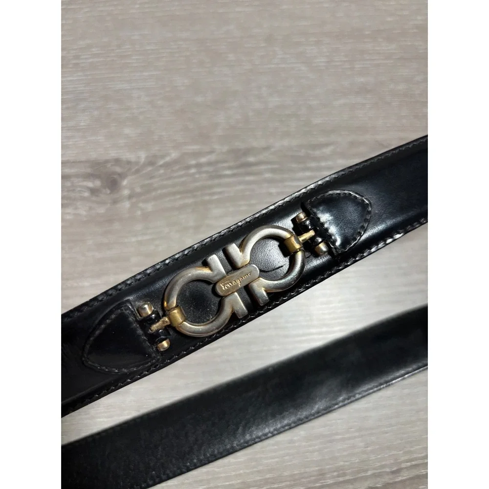 Salvatore Ferragamo Womens Black Leather Gancini Logo Belt Gold Silver Hardware